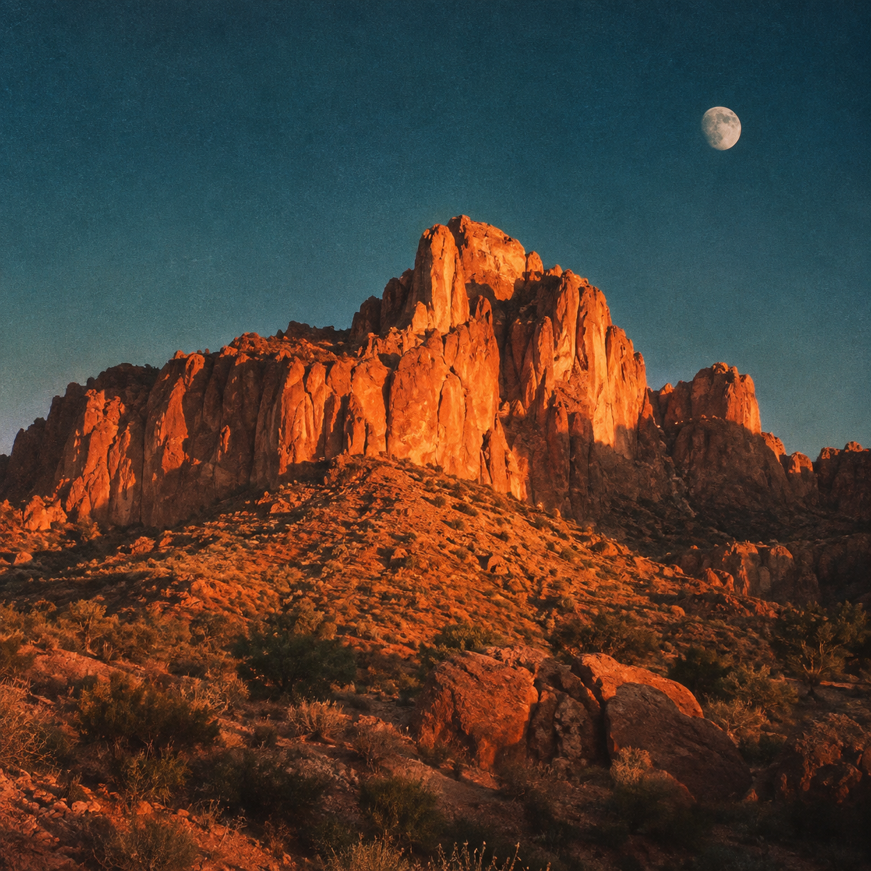 Desert mountain under a moonlit teal sky